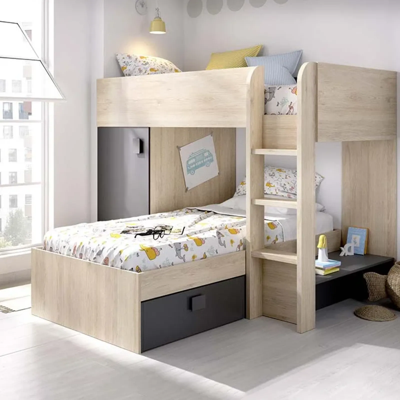 Garnero Arredamenti Letti A Castello|Letti A Castello-Letto a castello per bambini con armadio 255x112cm rovere grafite Sole Rovere - Grafite