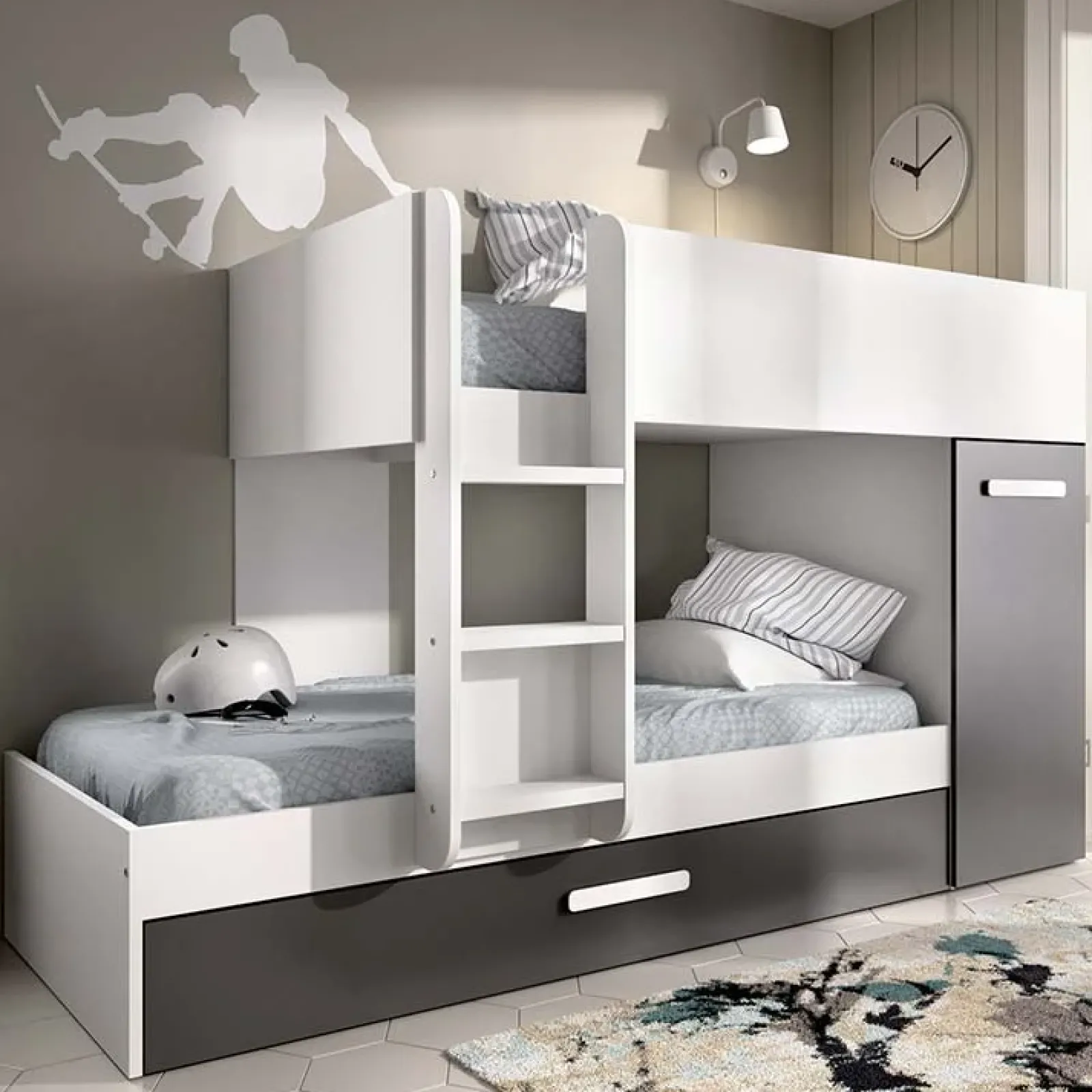 Garnero Arredamenti Letti A Castello|Letti A Castello-Letto a castello 90x190 con armadio 244x126cm bianco grafite 3 letti Damian Bianco Opaco - Grafite