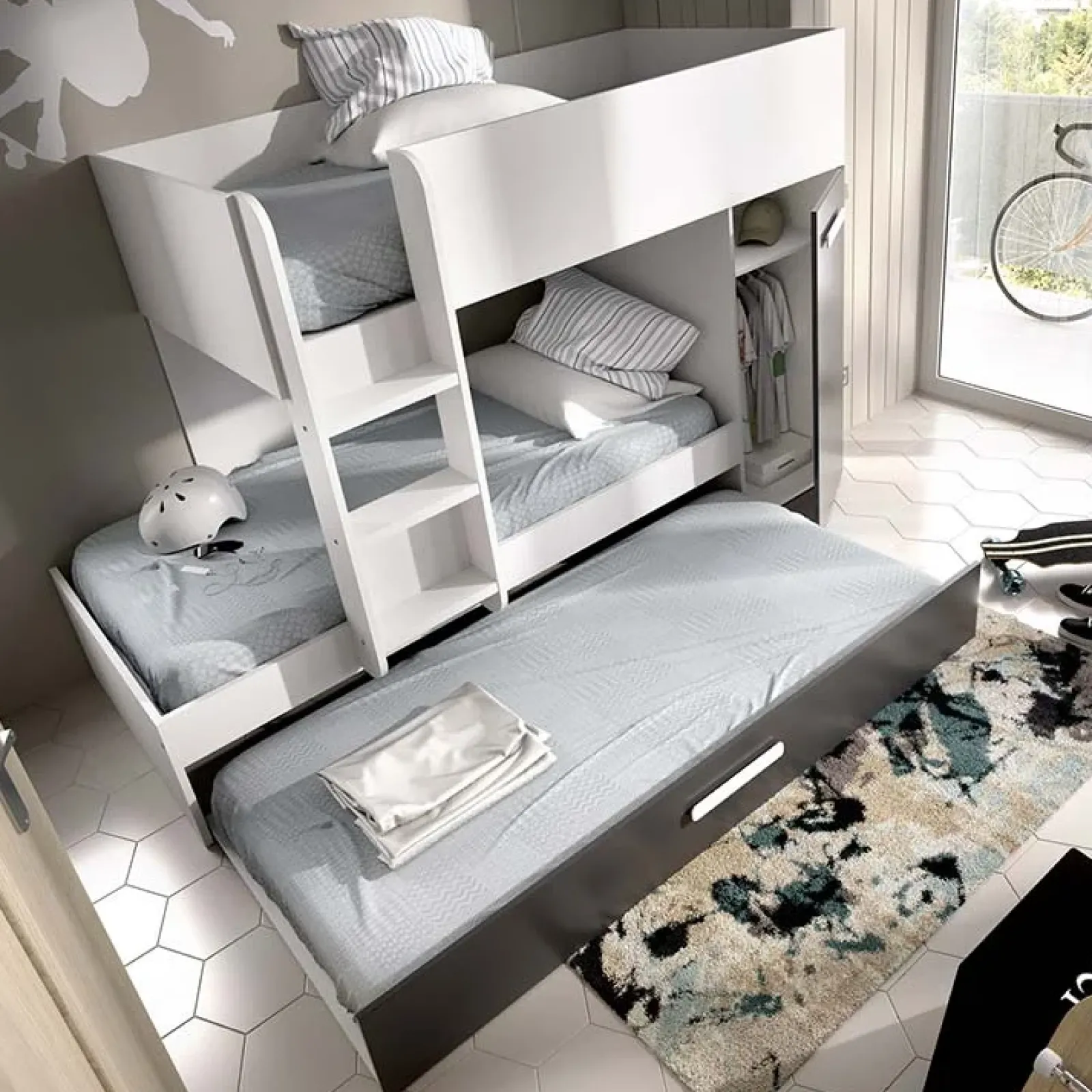 Garnero Arredamenti Letti A Castello|Letti A Castello-Letto a castello 90x190 con armadio 244x126cm bianco grafite 3 letti Damian Bianco Opaco - Grafite