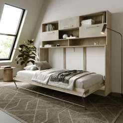 Garnero Arredamenti Letti A Scomparsa|Letti Singoli-Letto a scomparsa orizzontale 90x200cm singolo con libreria rovere chiaro beige sabbia Alvin Gihome® Rovere - Beige