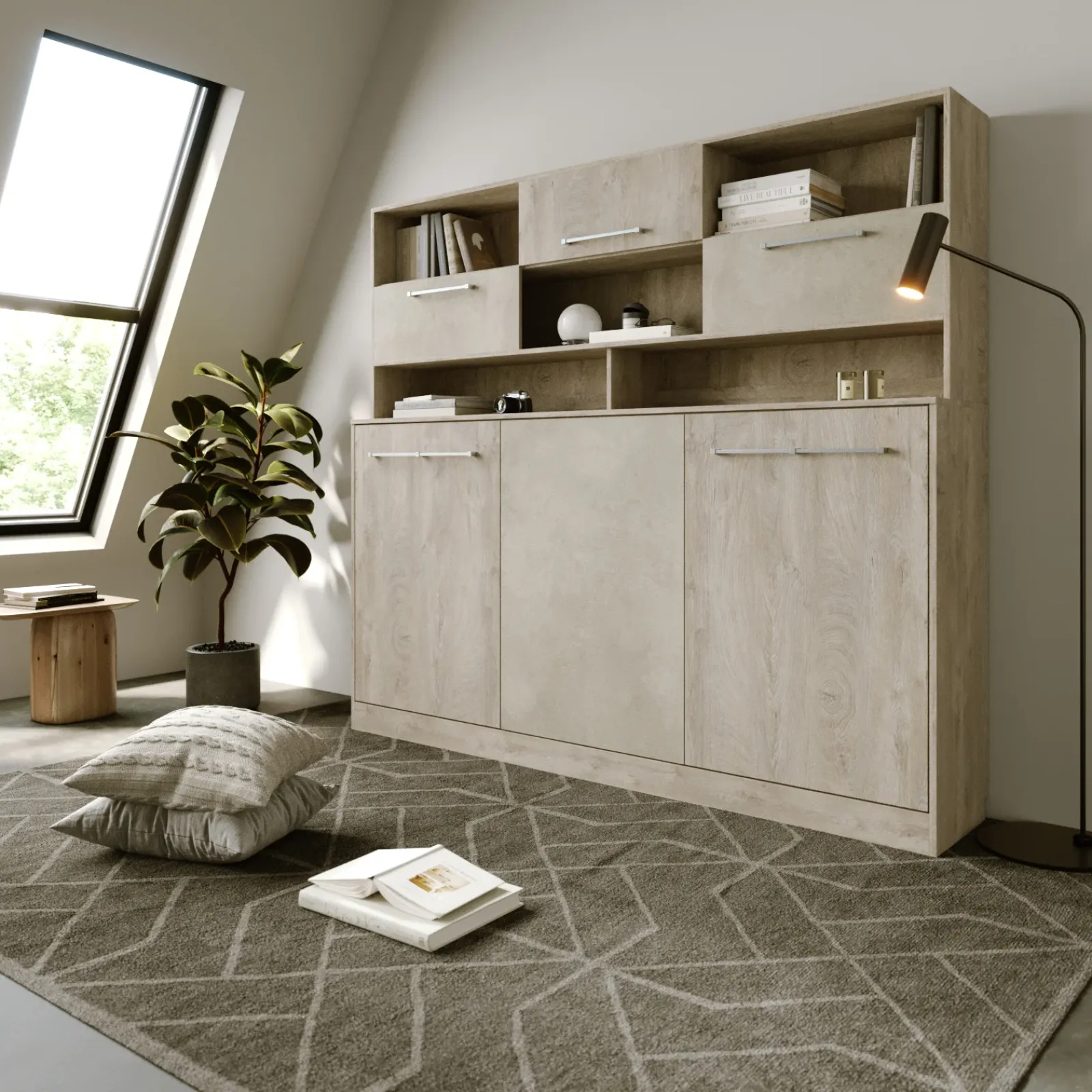 Garnero Arredamenti Letti A Scomparsa|Letti Singoli-Letto a scomparsa orizzontale 90x200cm singolo con libreria rovere chiaro beige sabbia Alvin Gihome® Rovere - Beige