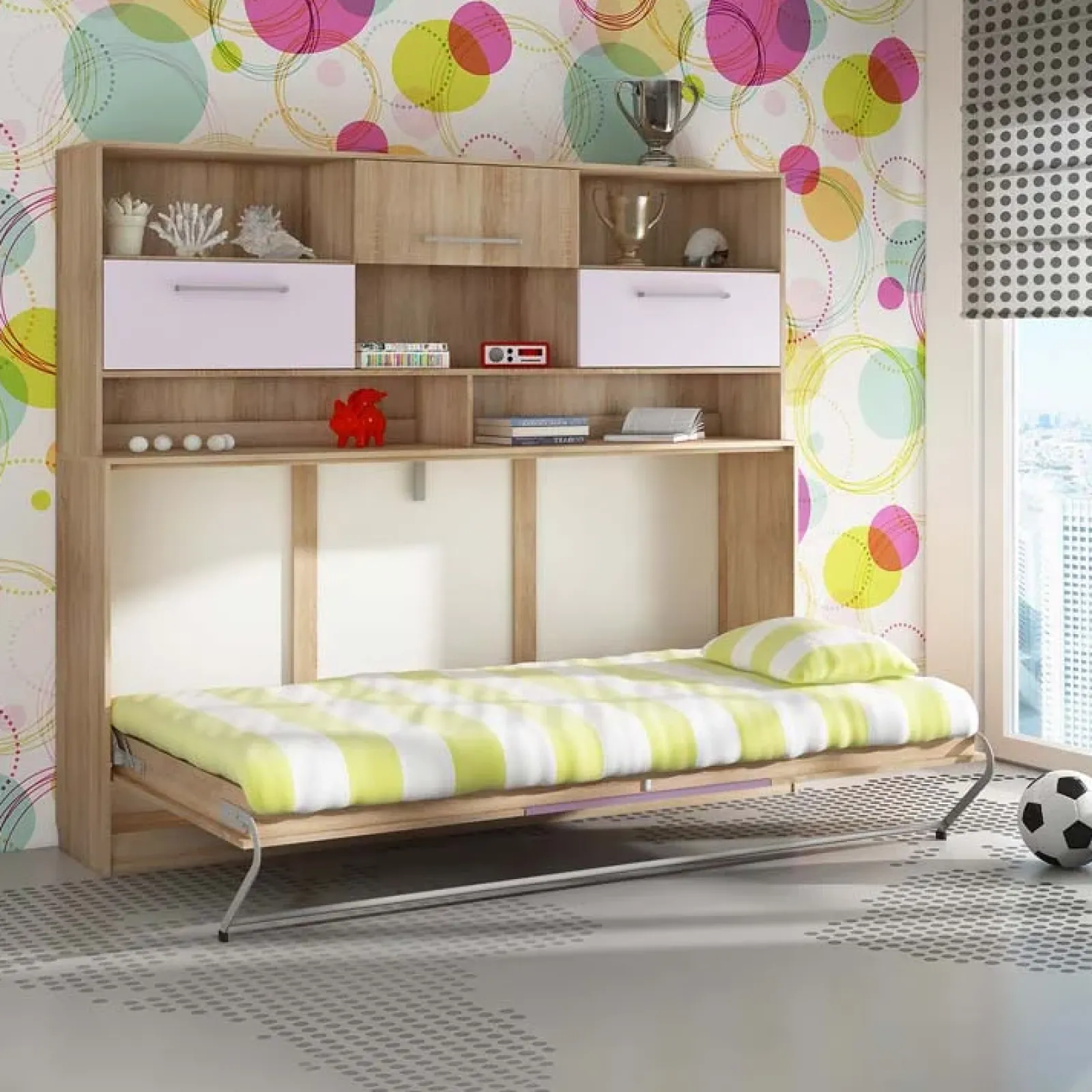 Garnero Arredamenti Letti A Scomparsa|Letti Singoli-Letto a scomparsa orizzontale 90x200cm singolo con libreria rovere rosa Alvin Gihome® Rovere - Rosa