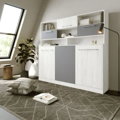 Garnero Arredamenti Letti A Scomparsa|Letti Singoli-Letto a scomparsa orizzontale 90x200cm singolo con libreria bianco pino grigio grafite Alvin Gihome® Bianco Frassinato - Grafite