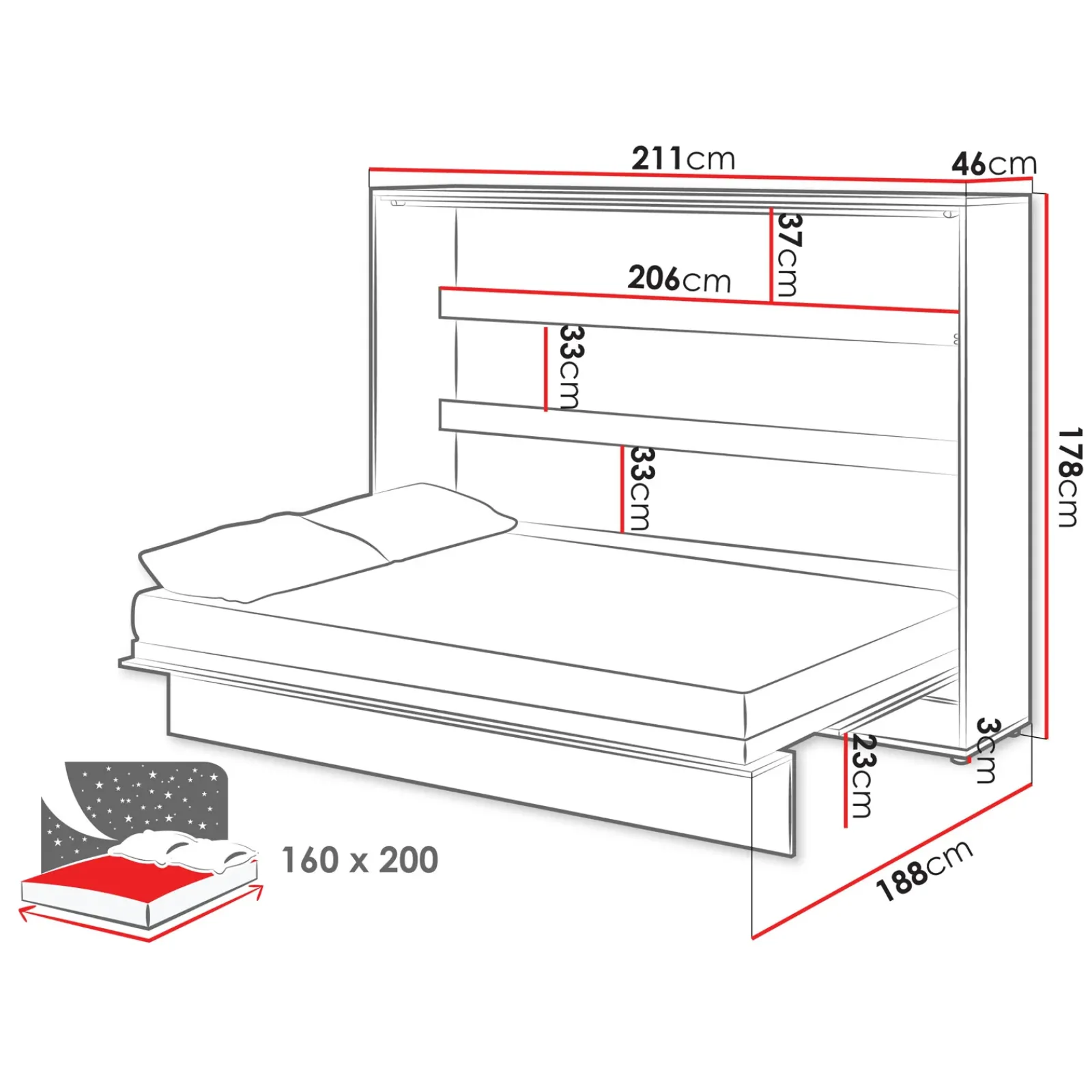 Garnero Arredamenti Letti A Scomparsa|Letti Matrimoniali-Letto a scomparsa orizzontale 160x200 cm matrimoniale bianco Camelio