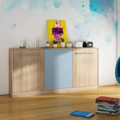 Garnero Arredamenti Letti Per Cameretta|Letti A Scomparsa-Letto a scomparsa orizzontale 90x200cm singolo rovere blu Alvin Gihome® Rovere - Blu