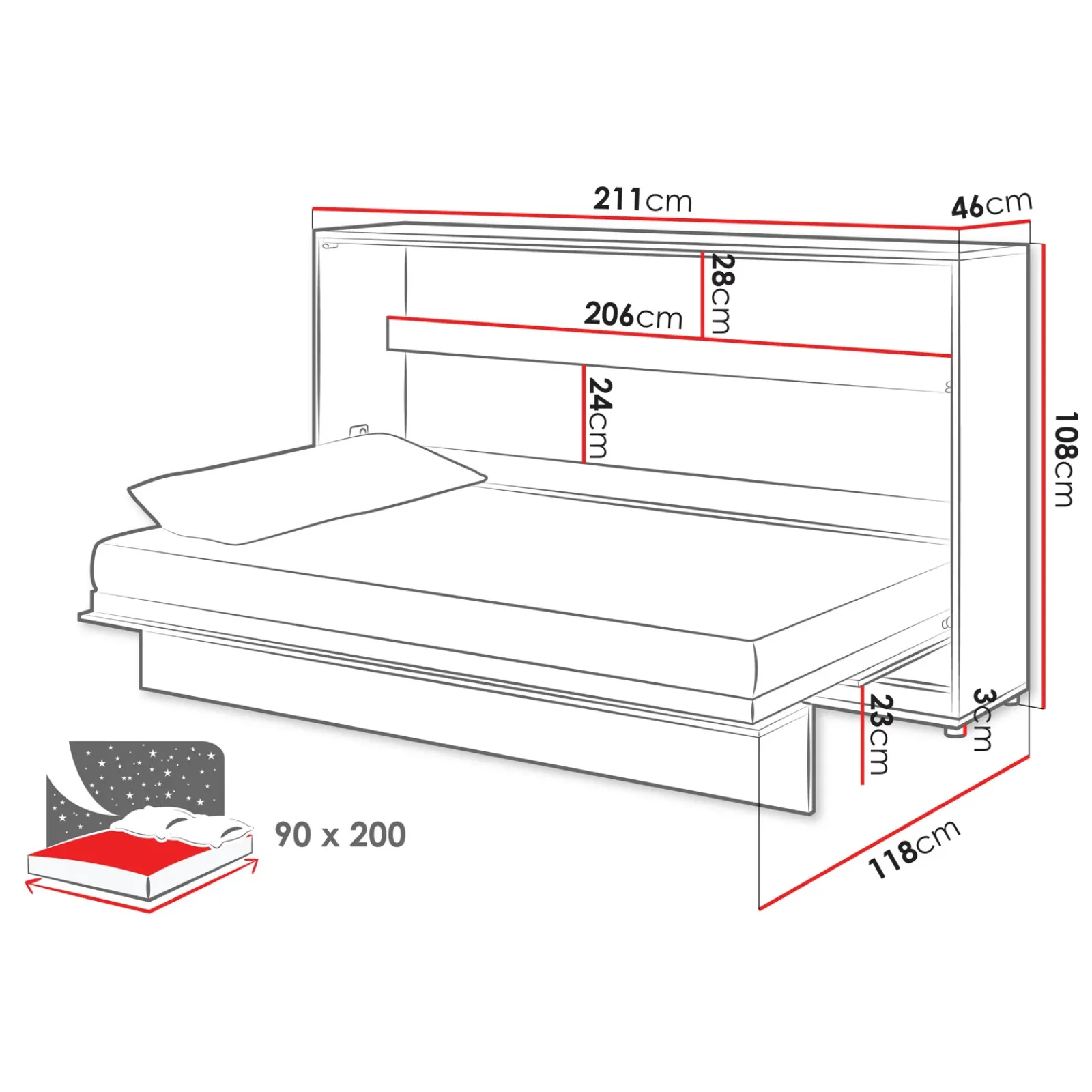 Garnero Arredamenti Letti A Scomparsa|Letti Singoli-Letto a scomparsa orizzontale 90x200 cm singolo bianco Camelio