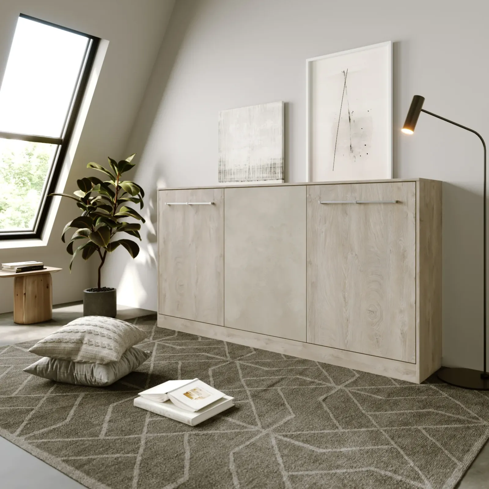 Garnero Arredamenti Letti A Scomparsa|Letti Singoli-Letto a scomparsa orizzontale 90x200cm singolo rovere chiaro beige sabbia Alvin Gihome® Rovere - Beige