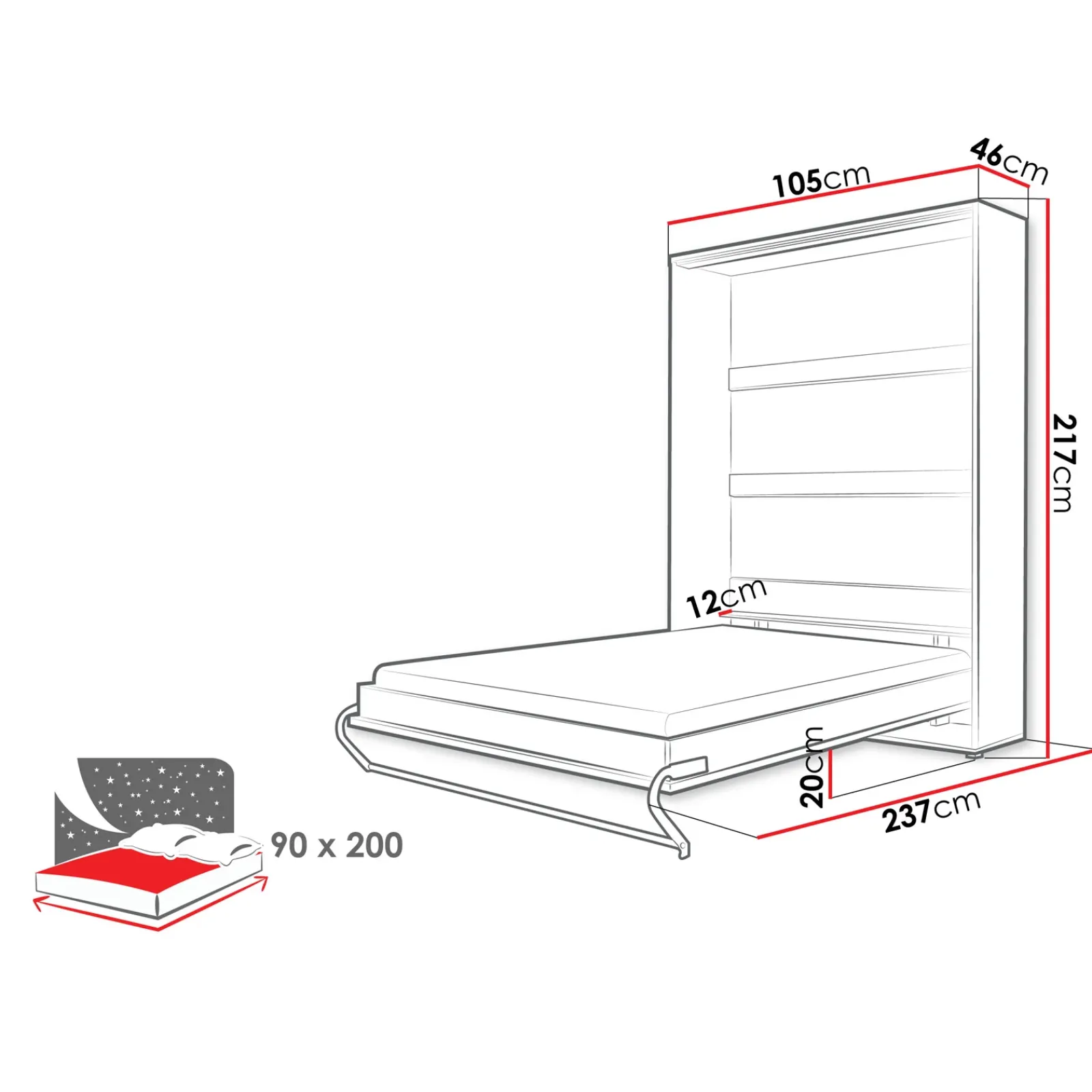 Garnero Arredamenti Letti A Scomparsa|Letti Singoli-Letto a scomparsa verticale 90x200 cm singolo bianco Chimera