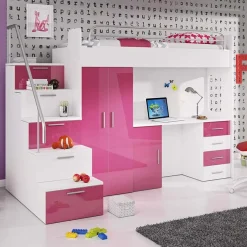 Garnero Arredamenti Letti A Castello|Letti A Castello-Letto a soppalco con armadio 254x120cm bianco rosa Simone Gihome® Bianco Lucido - Rosa