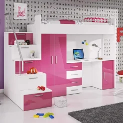 Garnero Arredamenti Letti A Castello|Letti A Castello-Letto a soppalco con armadio 254x120cm bianco rosa Simone Gihome® Bianco Lucido - Rosa