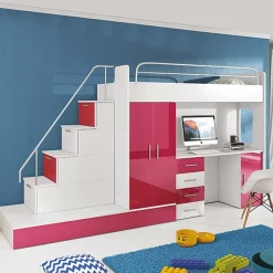 Garnero Arredamenti Letti A Castello|Letti A Castello-Letto a soppalco con armadio 324x180cm bianco rosa 2 letti Diego Gihome® Bianco Lucido - Rosa