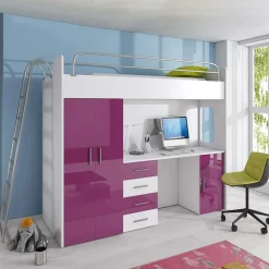 Garnero Arredamenti Letti A Castello|Letti A Castello-Letto a soppalco per bambini con armadio 204x86cm bianco viola Luca Bianco Lucido - Viola