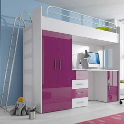 Garnero Arredamenti Letti A Castello|Letti A Castello-Letto a soppalco per bambini con armadio 204x86cm bianco viola Luca Bianco Lucido - Viola