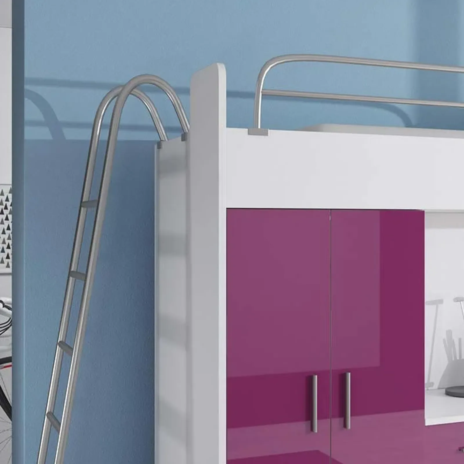 Garnero Arredamenti Letti A Castello|Letti A Castello-Letto a soppalco per bambini con armadio 204x86cm bianco viola Luca Bianco Lucido - Viola