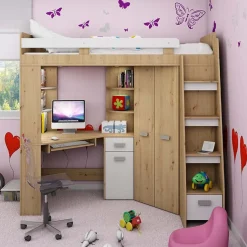 Garnero Arredamenti Letti A Castello|Letti A Castello-Letto a soppalco 204x120cm destra quercia bianco Dollie Gihome® Rovere Rustico - Bianco