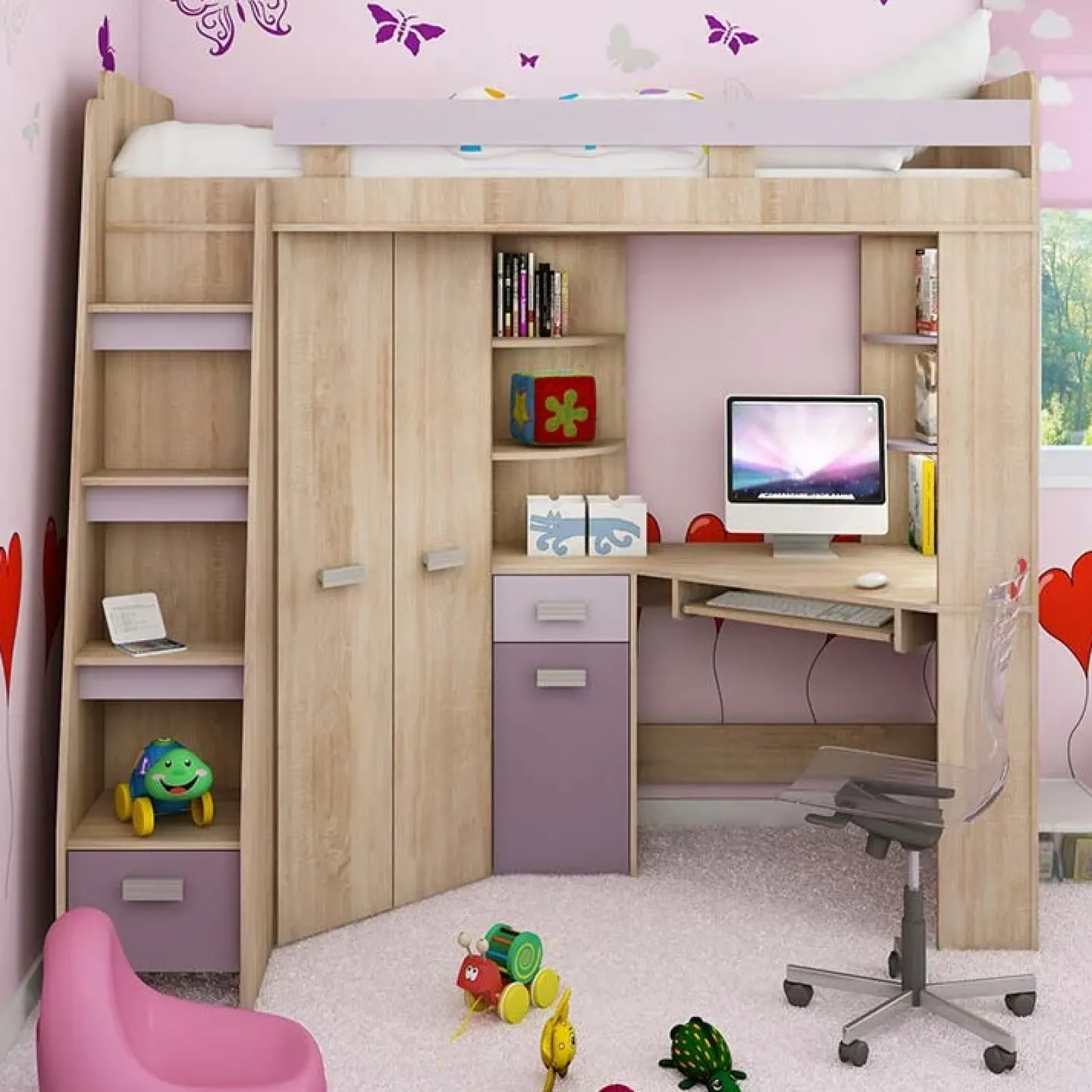 Garnero Arredamenti Letti A Castello|Letti A Castello-Letto a soppalco 204x120cm sinistra rovere rosa Dollie Gihome® Rovere - Rosa