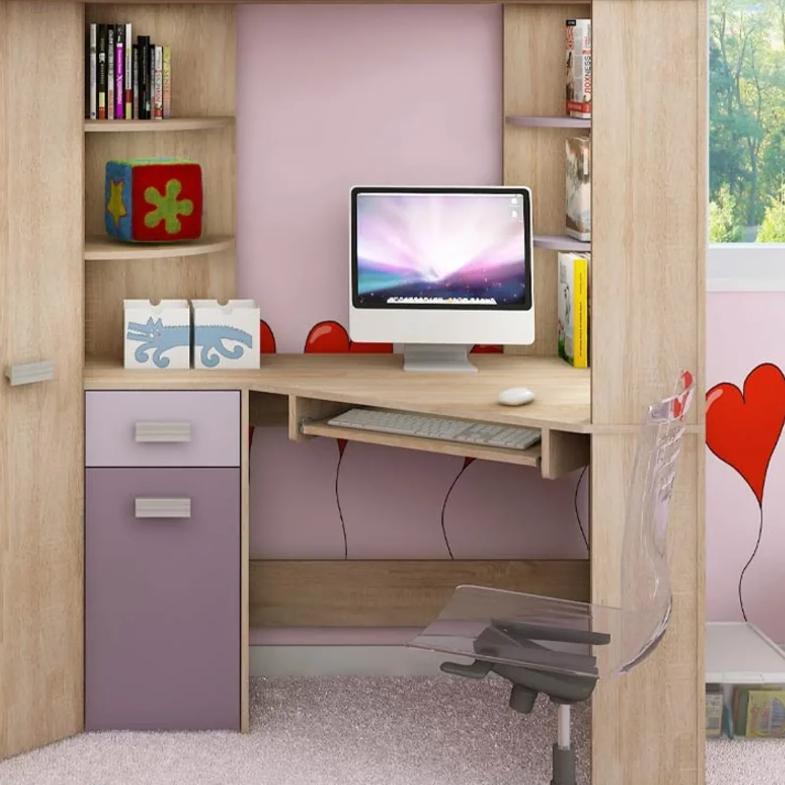 Garnero Arredamenti Letti A Castello|Letti A Castello-Letto a soppalco 204x120cm sinistra rovere rosa Dollie Gihome® Rovere - Rosa