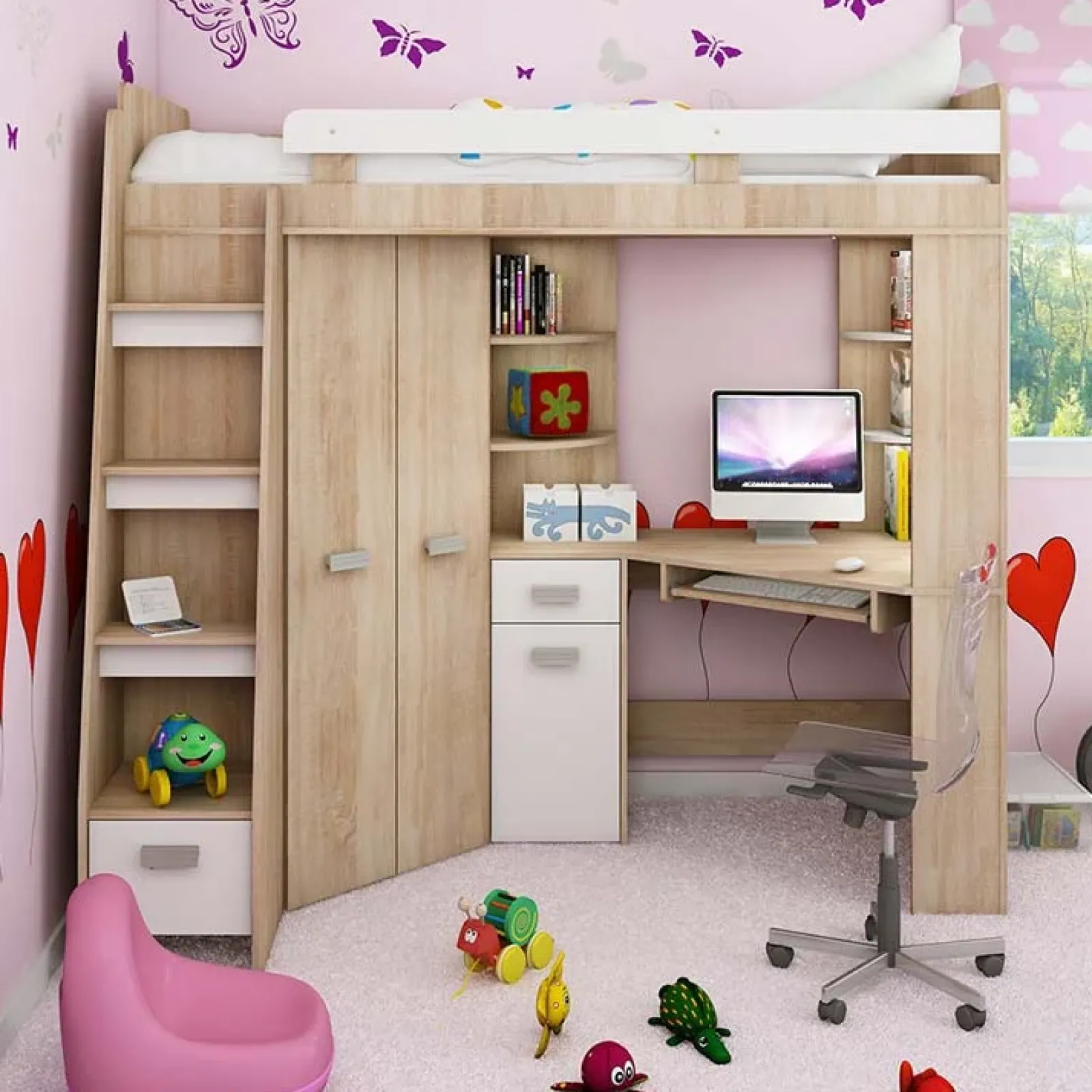 Garnero Arredamenti Letti A Castello|Letti A Castello-Letto a soppalco 204x120cm sinistra rovere bianco Dollie Gihome® Bianco - Rovere