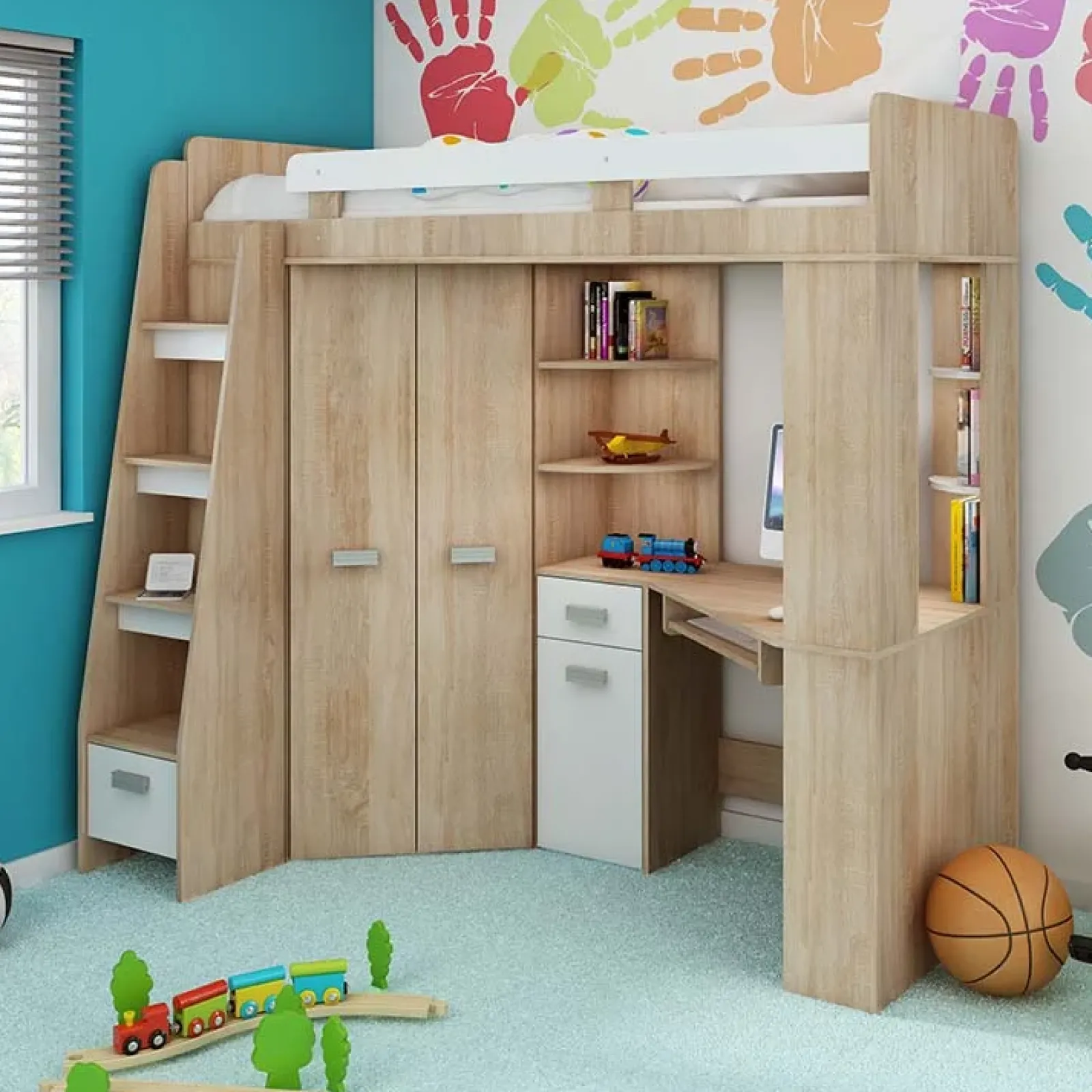 Garnero Arredamenti Letti A Castello|Letti A Castello-Letto a soppalco 204x120cm sinistra rovere bianco Dollie Gihome® Bianco - Rovere