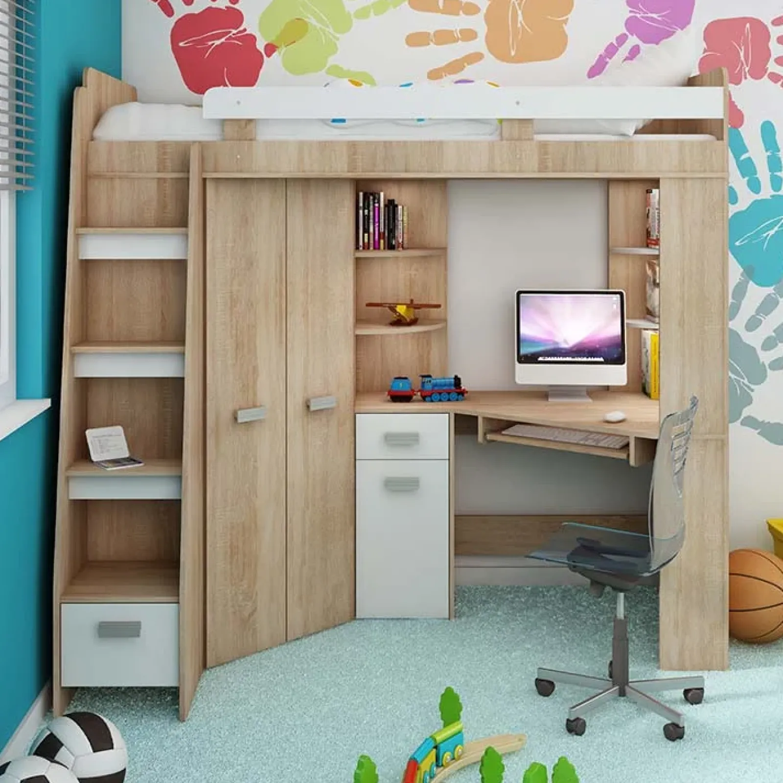 Garnero Arredamenti Letti A Castello|Letti A Castello-Letto a soppalco 204x120cm sinistra rovere bianco Dollie Gihome® Bianco - Rovere