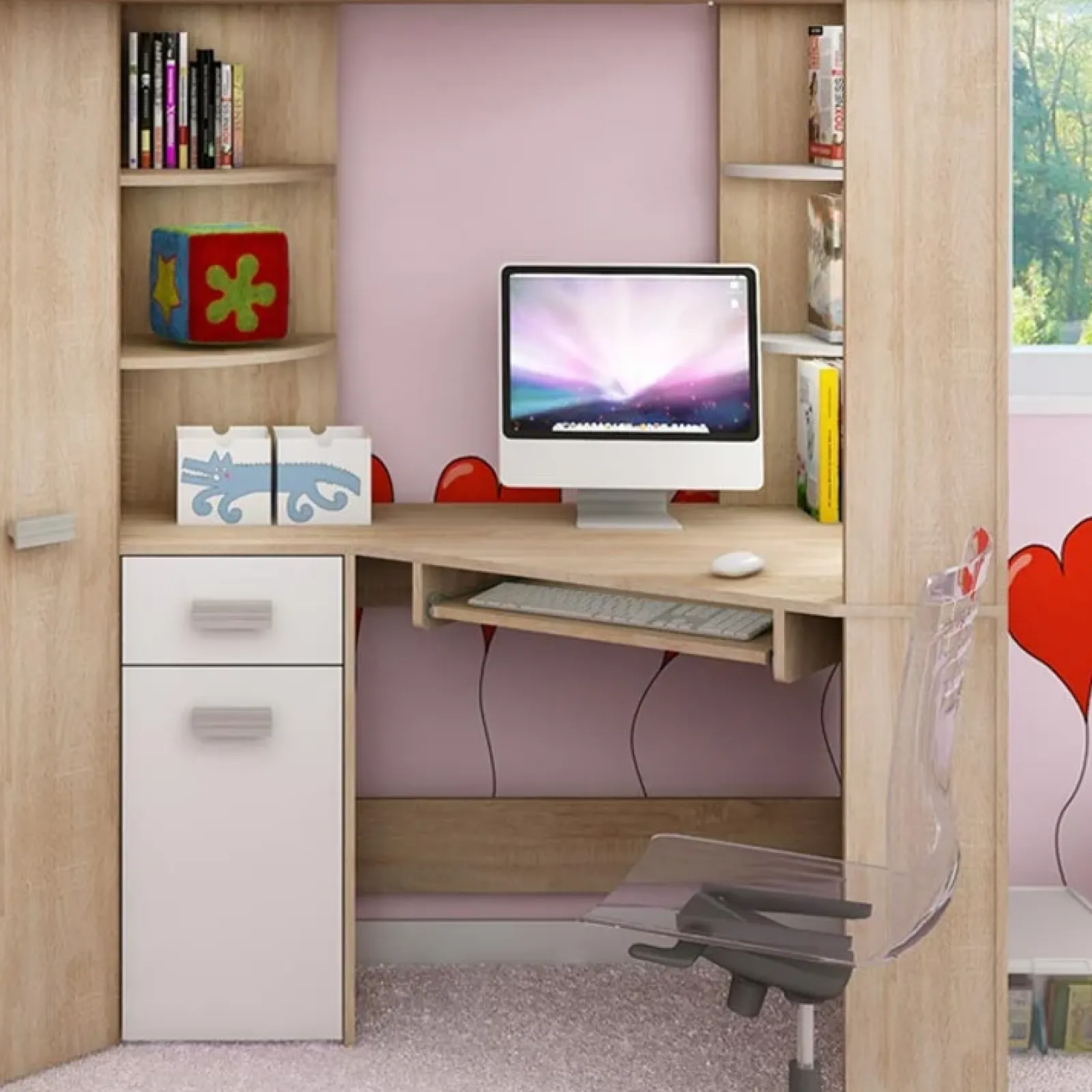 Garnero Arredamenti Letti A Castello|Letti A Castello-Letto a soppalco 204x120cm sinistra rovere bianco Dollie Gihome® Bianco - Rovere