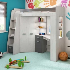 Garnero Arredamenti Letti A Castello|Letti A Castello-Letto a soppalco 204x120cm sinistra bianco pino grafite Dollie Gihome® Grafite - Bianco Frassinato