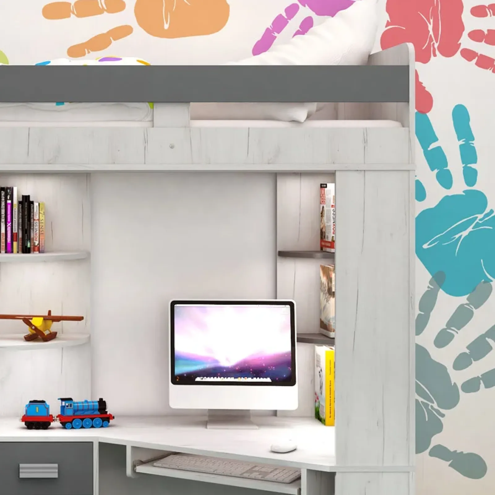 Garnero Arredamenti Letti A Castello|Letti A Castello-Letto a soppalco 204x120cm sinistra bianco pino grafite Dollie Gihome® Grafite - Bianco Frassinato