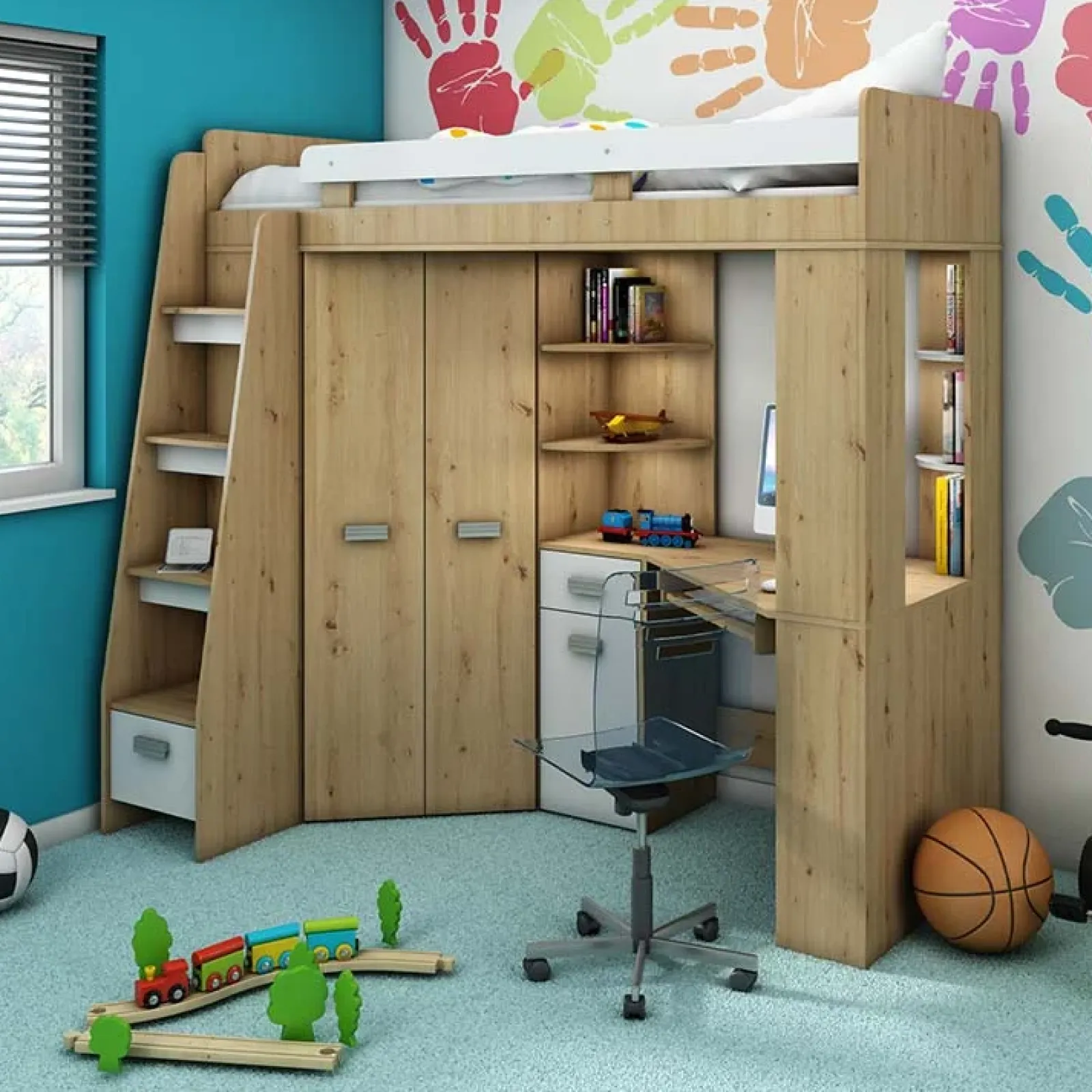 Garnero Arredamenti Letti A Castello|Letti A Castello-Letto a soppalco 204x120cm sinistra quercia bianco Dollie Gihome® Bianco - Rovere Rustico