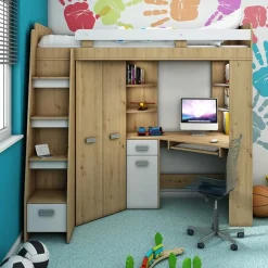 Garnero Arredamenti Letti A Castello|Letti A Castello-Letto a soppalco 204x120cm sinistra quercia bianco Dollie Gihome® Bianco - Rovere Rustico