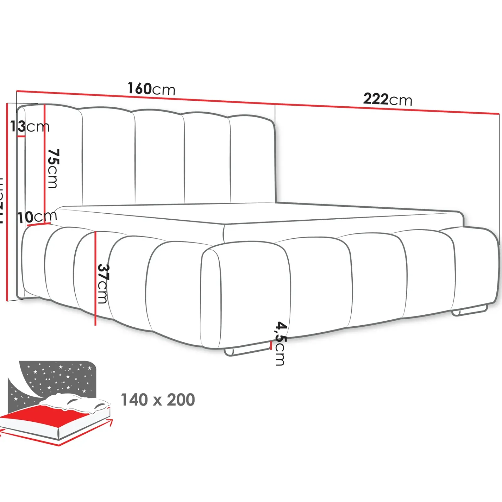 Garnero Arredamenti Letti Alla Francese|Letti Per Bambini E Ragazzi-Letto alla francese 140x200 cm con rete contenitore imbottito grigio scuro Cometa Tessuto Kronos Grigio Scuro
