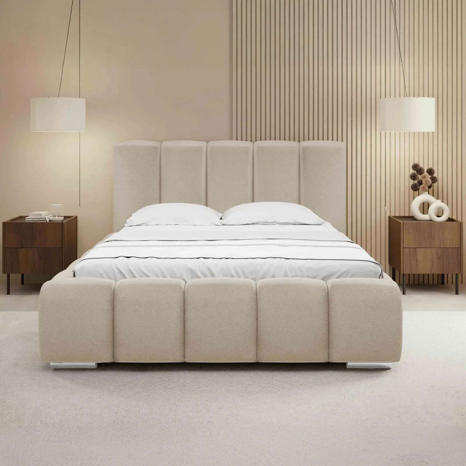 Garnero Arredamenti Letti Alla Francese|Letti Per Bambini E Ragazzi-Letto alla francese 140x200 cm con rete contenitore imbottito beige Cometa Tessuto Paros Beige