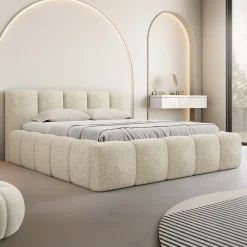 Garnero Arredamenti Letti Alla Francese|Letti Per Bambini E Ragazzi-Letto alla francese 140x200cm con rete contenitore imbottito tessuto bouclé beige Aluna Tessuto Abriamo Beige