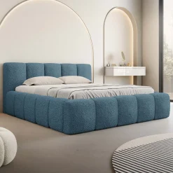 Garnero Arredamenti Letti Alla Francese|Letti Per Bambini E Ragazzi-Letto alla francese 140x200cm con rete contenitore imbottito tessuto bouclé turchese Aluna Tessuto Abriamo Turchese