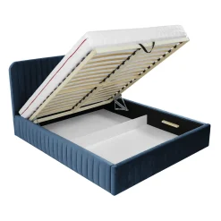 Garnero Arredamenti Letti Alla Francese-Letto contenitore alla francese 140x200cm imbottito velluto blu Poffi Tessuto Vellutato Lucido Blu