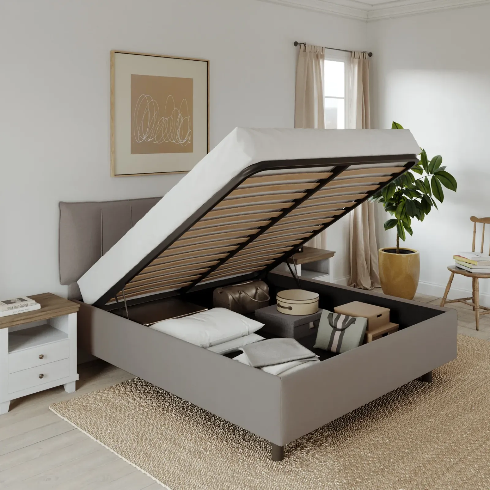 Garnero Arredamenti Letti Matrimoniali|Letti Matrimoniali-Letto contenitore matrimoniale 160x195cm imbottito tessuto tortora CozyHaven Tessuto Woven Tortora