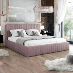 Garnero Arredamenti Letti Matrimoniali|Letti Matrimoniali-Letto contenitore matrimoniale 160x200 imbottito velluto rosa Poffi Tessuto Vellutato Lucido Rosa