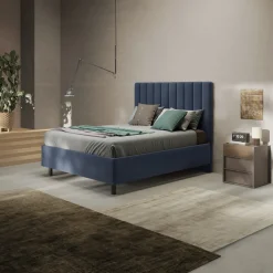 Garnero Arredamenti Letti Matrimoniali|Letti Matrimoniali-Letto contenitore matrimoniale 160x195 imbottito tessuto blu CozyCubby Tessuto Vellutato Blu