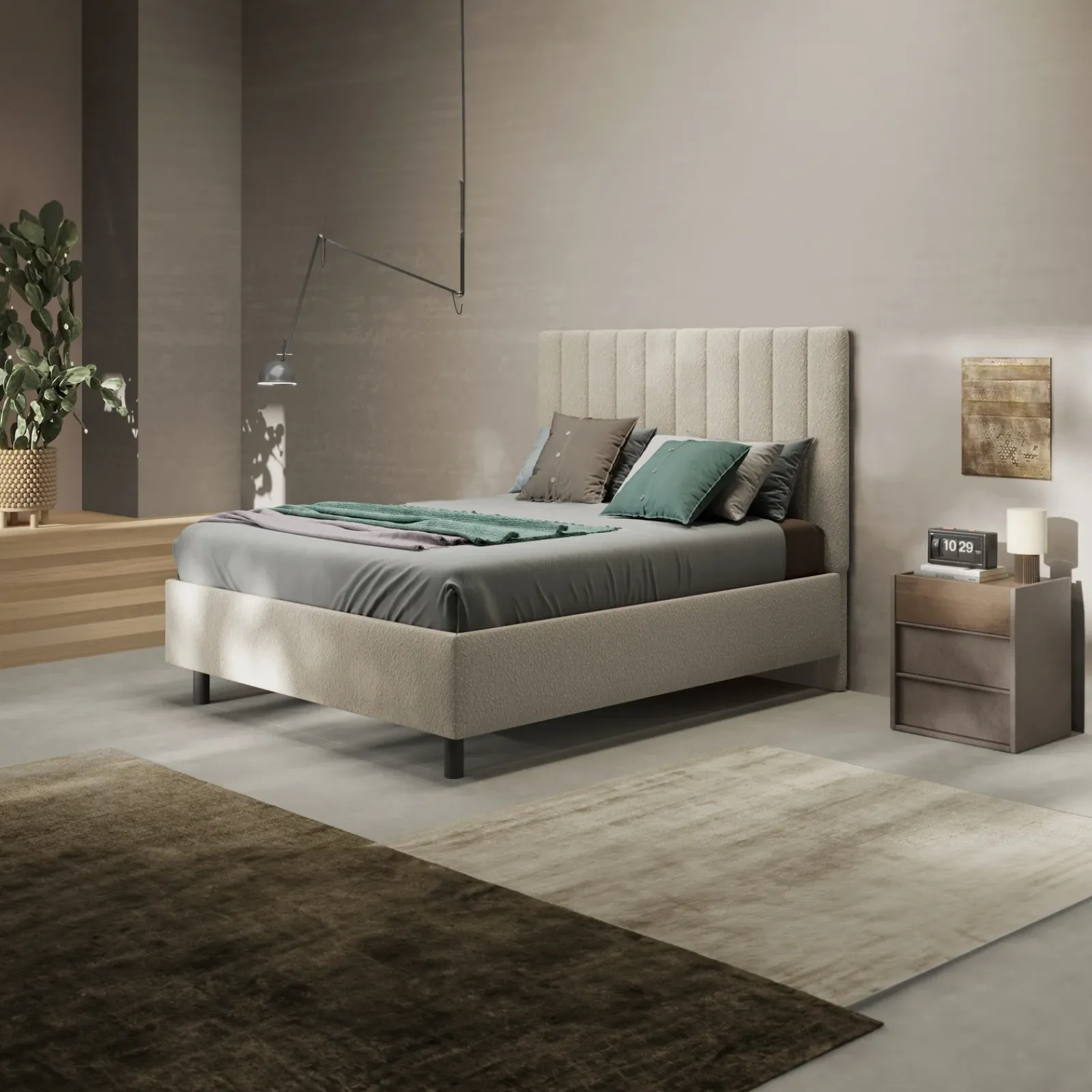 Garnero Arredamenti Letti Matrimoniali|Letti Matrimoniali-Letto contenitore matrimoniale 160x195 imbottito tessuto bouclè beige CozyCubby Tessuto Vellutato Beige
