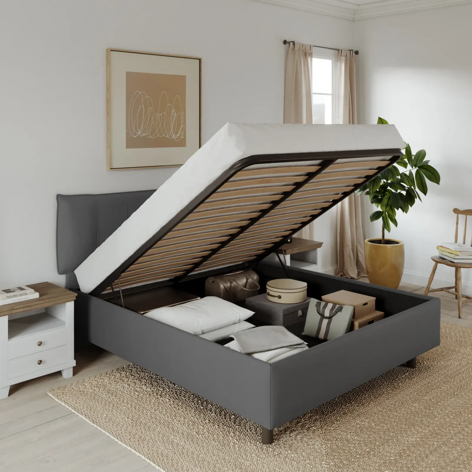 Garnero Arredamenti Letti Matrimoniali|Letti Matrimoniali-Letto contenitore matrimoniale 160x195cm imbottito tessuto antracite CozyHaven Tessuto Woven Antracite