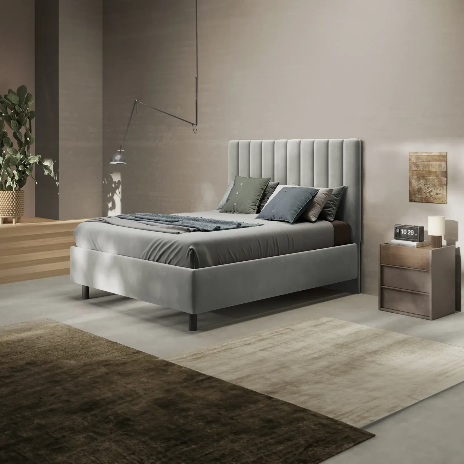 Garnero Arredamenti Letti Matrimoniali|Letti Matrimoniali-Letto contenitore matrimoniale 160x195 imbottito tessuto grigio CozyCubby Tessuto Vellutato Grigio