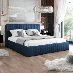Garnero Arredamenti Letti Oversize-Letto contenitore matrimoniale oversize 180x200 imbottito velluto blu Poffi Tessuto Vellutato Lucido Blu
