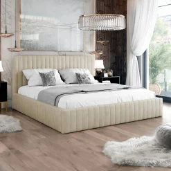 Garnero Arredamenti Letti Matrimoniali|Letti Matrimoniali-Letto contenitore matrimoniale 160x200 imbottito velluto beige Poffi Tessuto Vellutato Lucido Beige