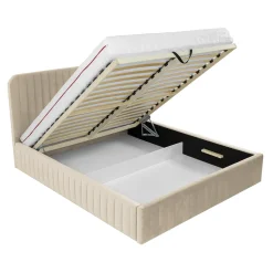 Garnero Arredamenti Letti Matrimoniali|Letti Matrimoniali-Letto contenitore matrimoniale 160x200 imbottito velluto beige Poffi Tessuto Vellutato Lucido Beige