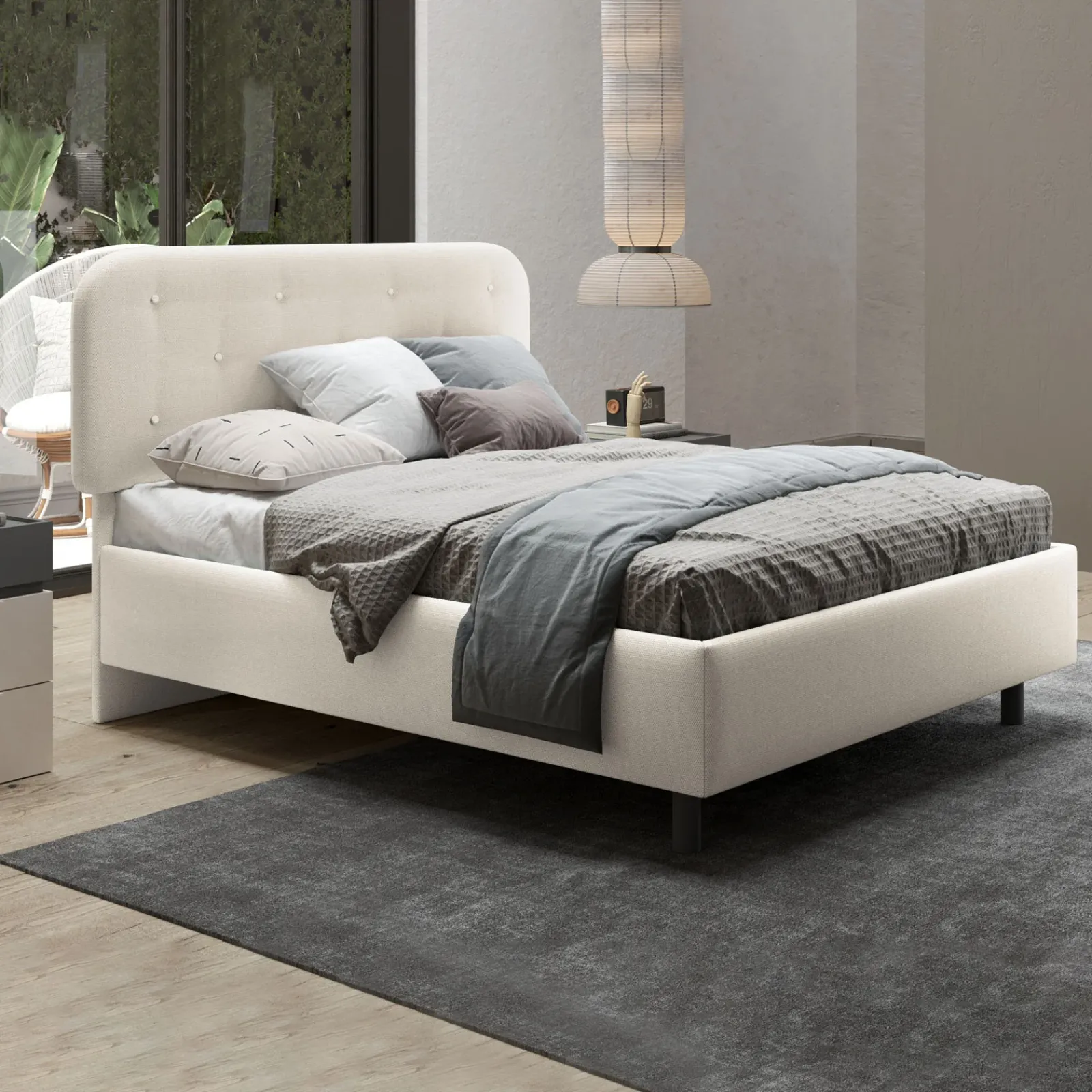 Garnero Arredamenti Letti Matrimoniali|Letti Matrimoniali-Letto contenitore matrimoniale 160x195cm imbottito tessuto bianco sabbia DreamLift Tessuto Woven Bianco