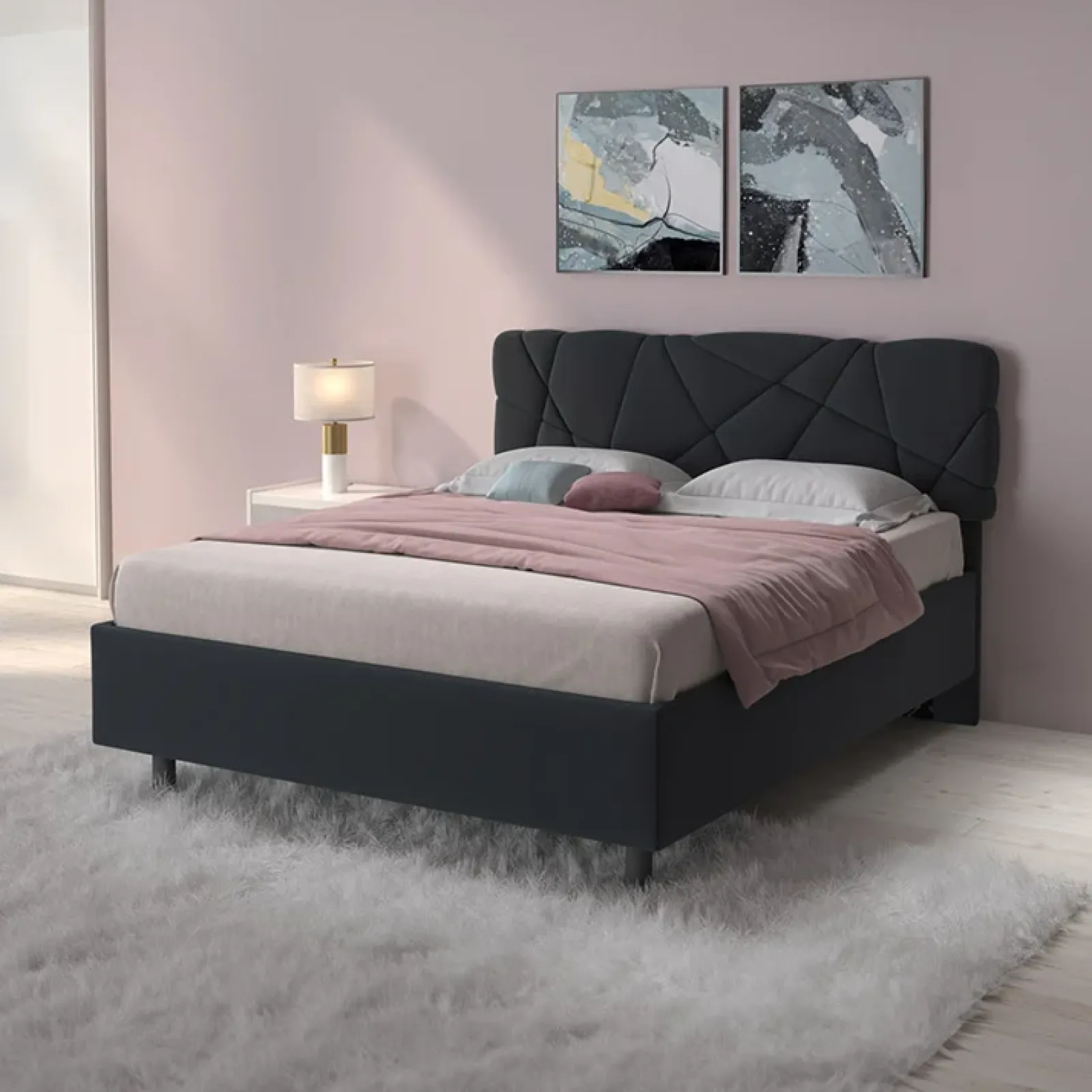 Garnero Arredamenti Letti Matrimoniali|Letti Matrimoniali-Letto contenitore matrimoniale 160x195 imbottito tessuto antracite LuxeSleep Tessuto Lycra Antracite