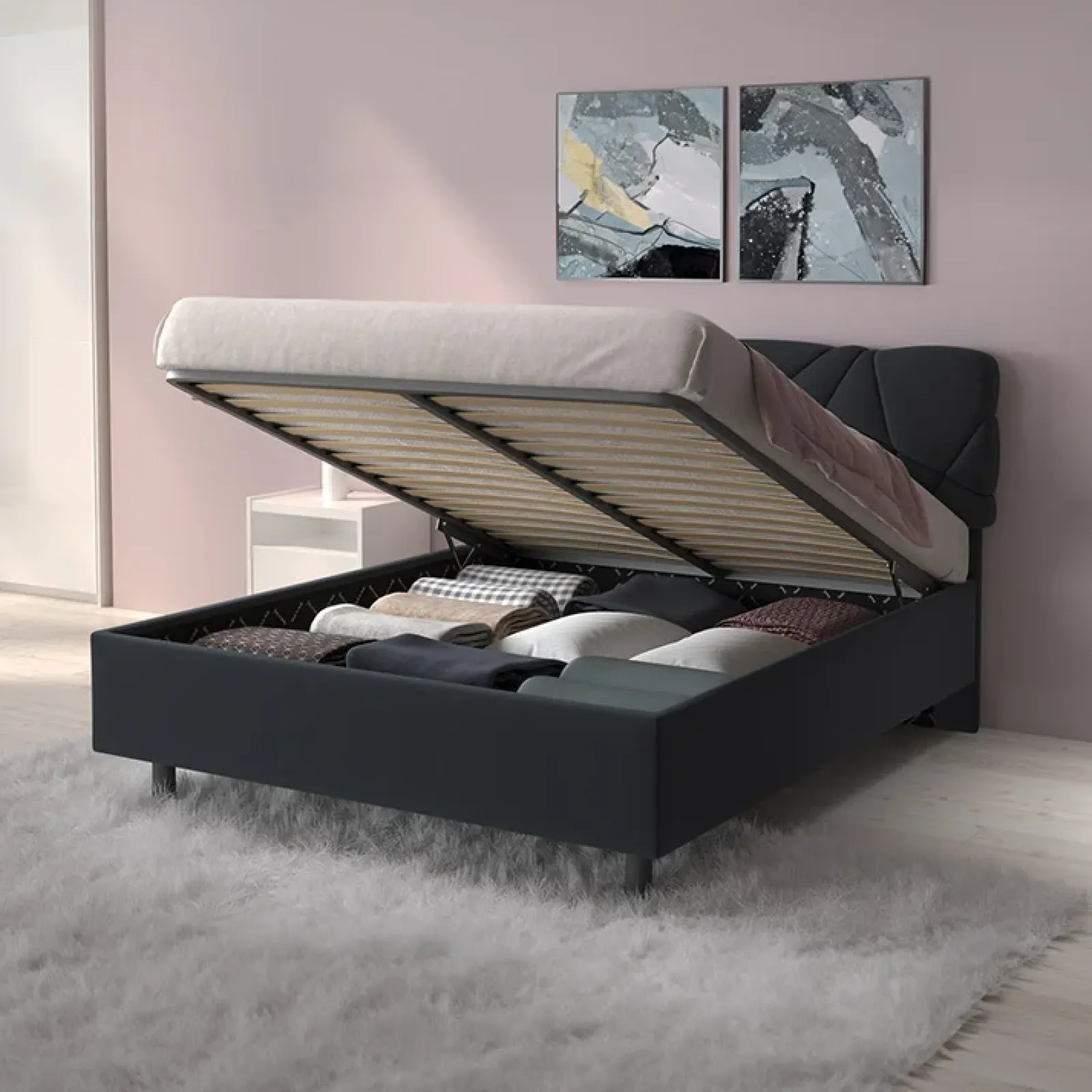 Garnero Arredamenti Letti Matrimoniali|Letti Matrimoniali-Letto contenitore matrimoniale 160x195 imbottito tessuto antracite LuxeSleep Tessuto Lycra Antracite