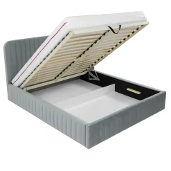 Garnero Arredamenti Letti Matrimoniali|Letti Matrimoniali-Letto contenitore matrimoniale 160x200 imbottito velluto grigio Poffi Tessuto Vellutato Lucido Grigio