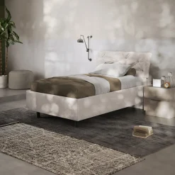 Garnero Arredamenti Letti Piazza E Mezza|Letti Per Bambini E Ragazzi-Letto contenitore una piazza e mezza 120x195 imbottito tessuto bianco sabbia DreamSpace Tessuto Woven Bianco