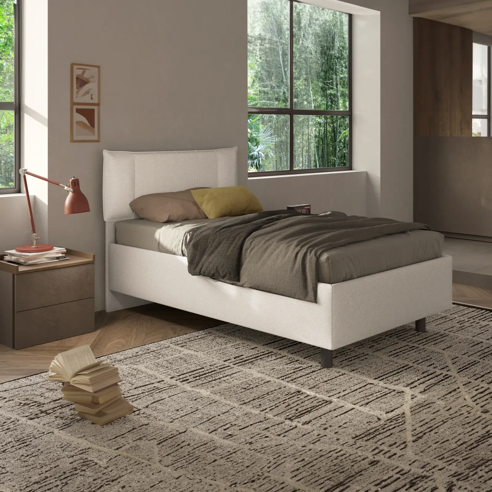 Garnero Arredamenti Letti Per Cameretta|Letti Piazza E Mezza-Letto contenitore una piazza e mezza 120x195cm imbottito tessuto bianco sabbia CozyHaven Tessuto Woven Bianco