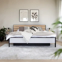 Garnero Arredamenti Letti Matrimoniali|Letti Matrimoniali-Letto matrimoniale contenitore 160x200cm con LED e presa USB-C grigio nero rovere Luna